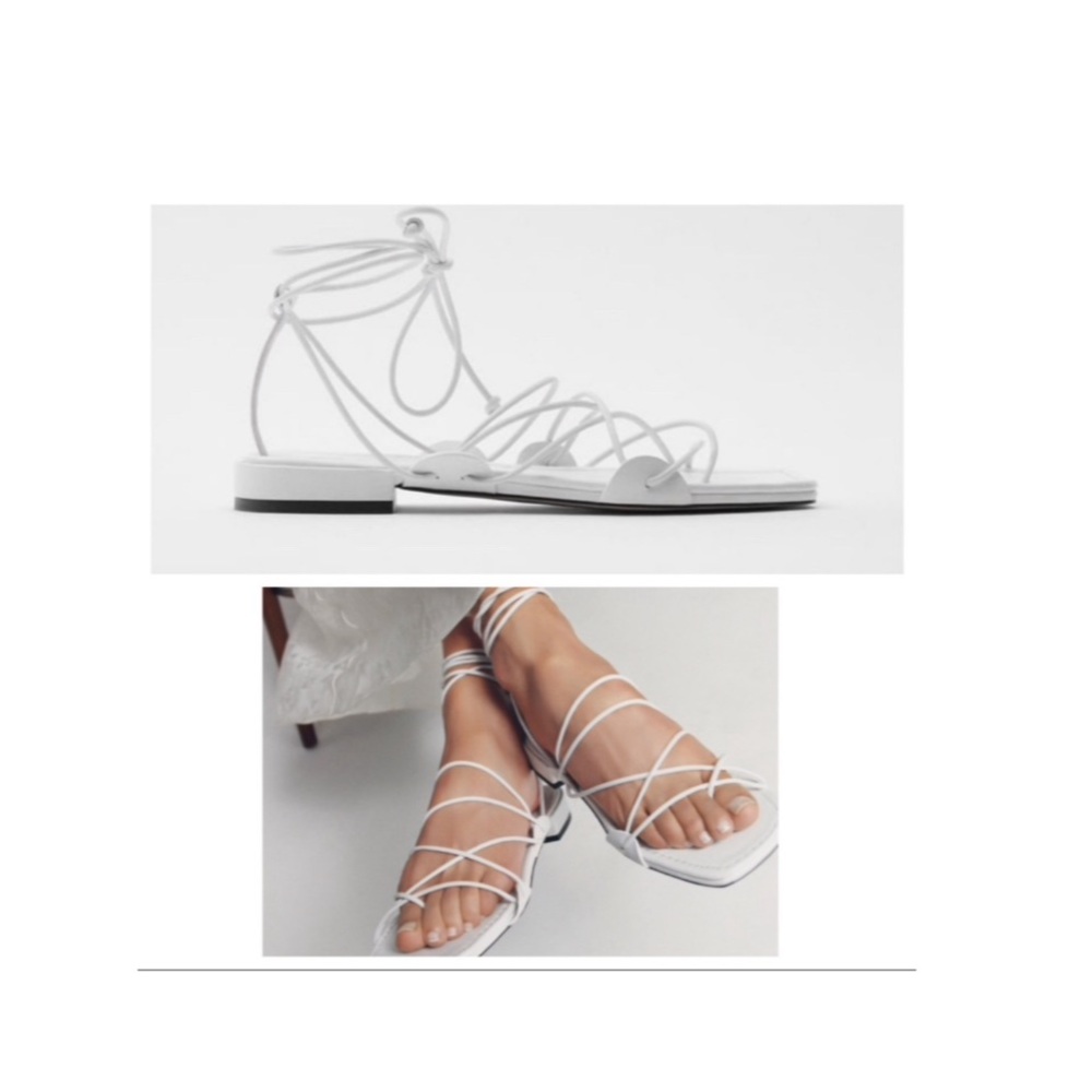 NEW WITH TAGS ZARA LEATHER SQUARED TOE LACED WHITE SANDALS EURO 38